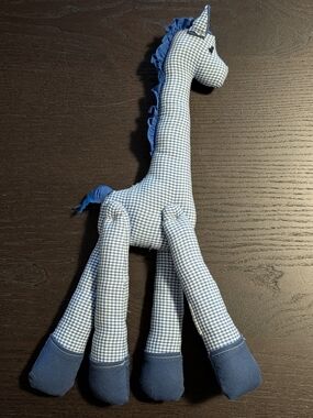 Vintage Handmade Royal Blue & White Gingham Plush Giraffe Toy, Moveable Legs